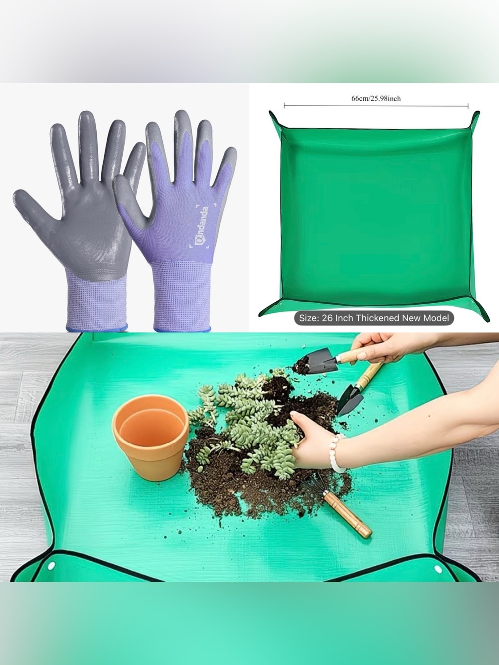 Garden Bundle of Gardening Gloves Purple and Green Re-Potting Mat NWT